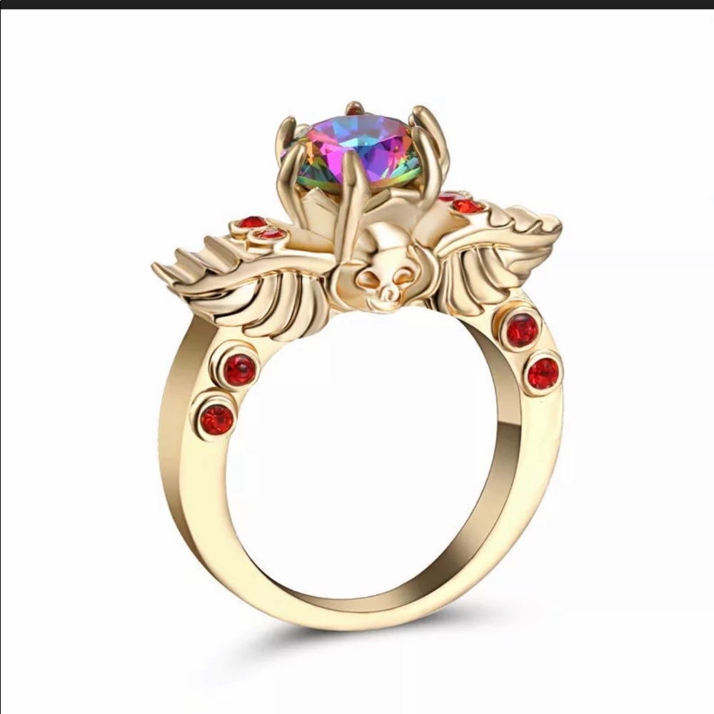 Lab rainbow quartz ruby skull ring